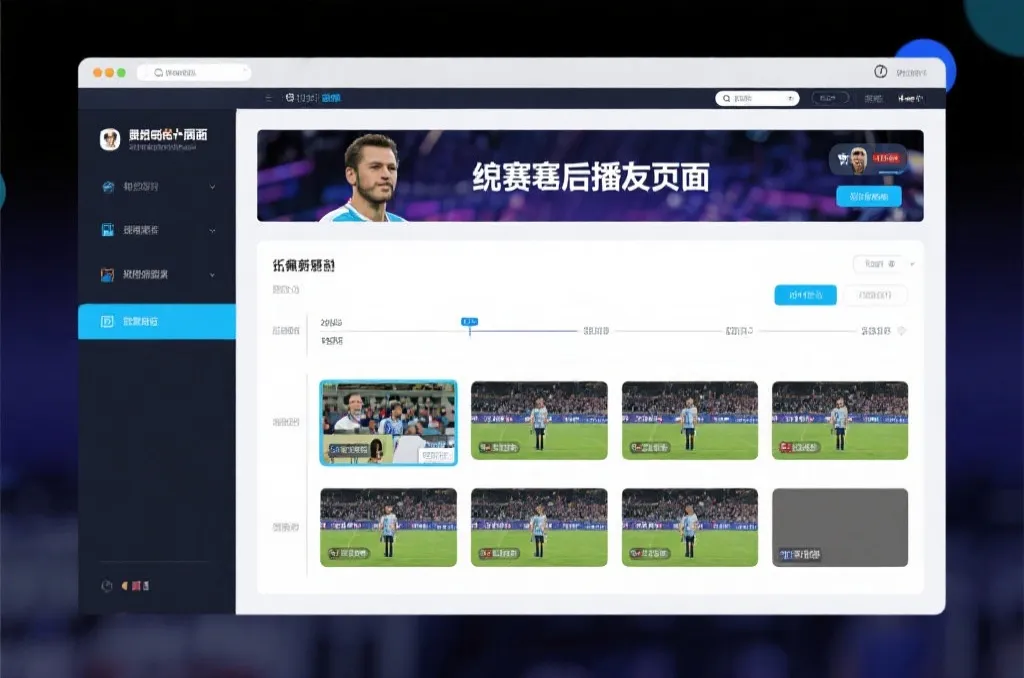 比赛结束后，电视屏幕展示集锦回放页面，旁边有时间轴和多角度切换提示